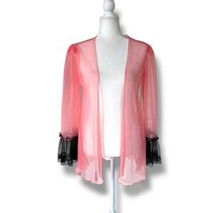 Vintage Escante 50s Sheer Short Robe Sz Pink Long Sleeve Black Lace Trim coqutte